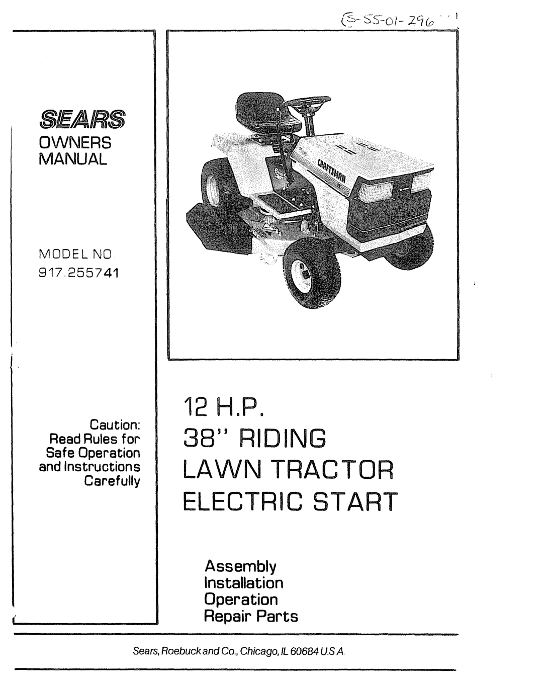 Sears 917.255741 manual Riding Lawn Trac TOR Electric Start, Mode L no 