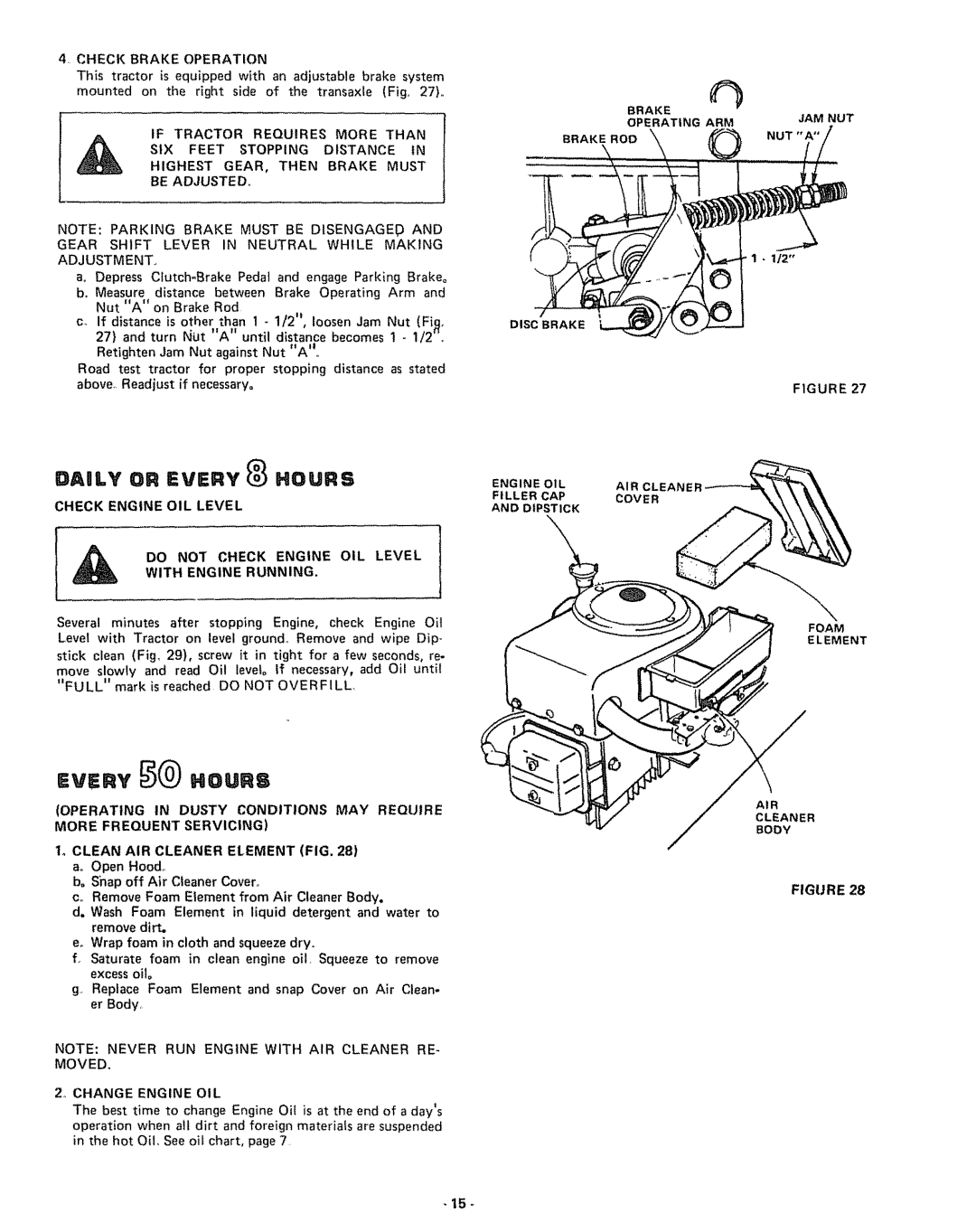 Sears 917.255741 Daily or Every Hours, Than, Jam Nut, F1GURE, Several minutes after stopping Engine, check Engine Oil 