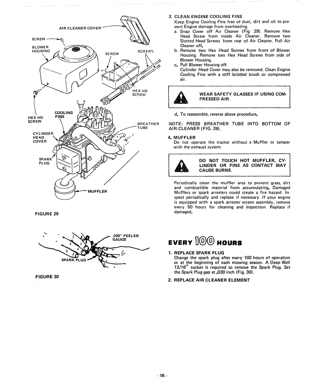 Sears 917.255741 manual Clean Engine Cooling Fins, Wear Safety Glasses if Using COM, Muffler, Replace Spark Plug 