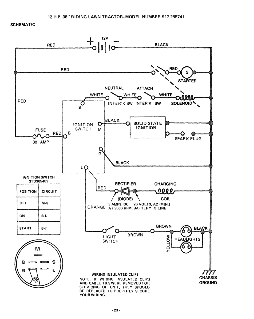 Sears 917.255741 Schematic, Starter, Neutral Attach White, Interk SW Solenoid, Solid State Ignition Switch, Spark Plug 