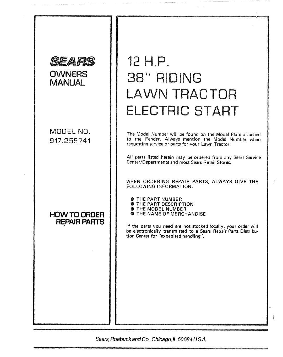 Sears 917.255741 manual RID JNG Lawn Tractor Electric Start, Model no 