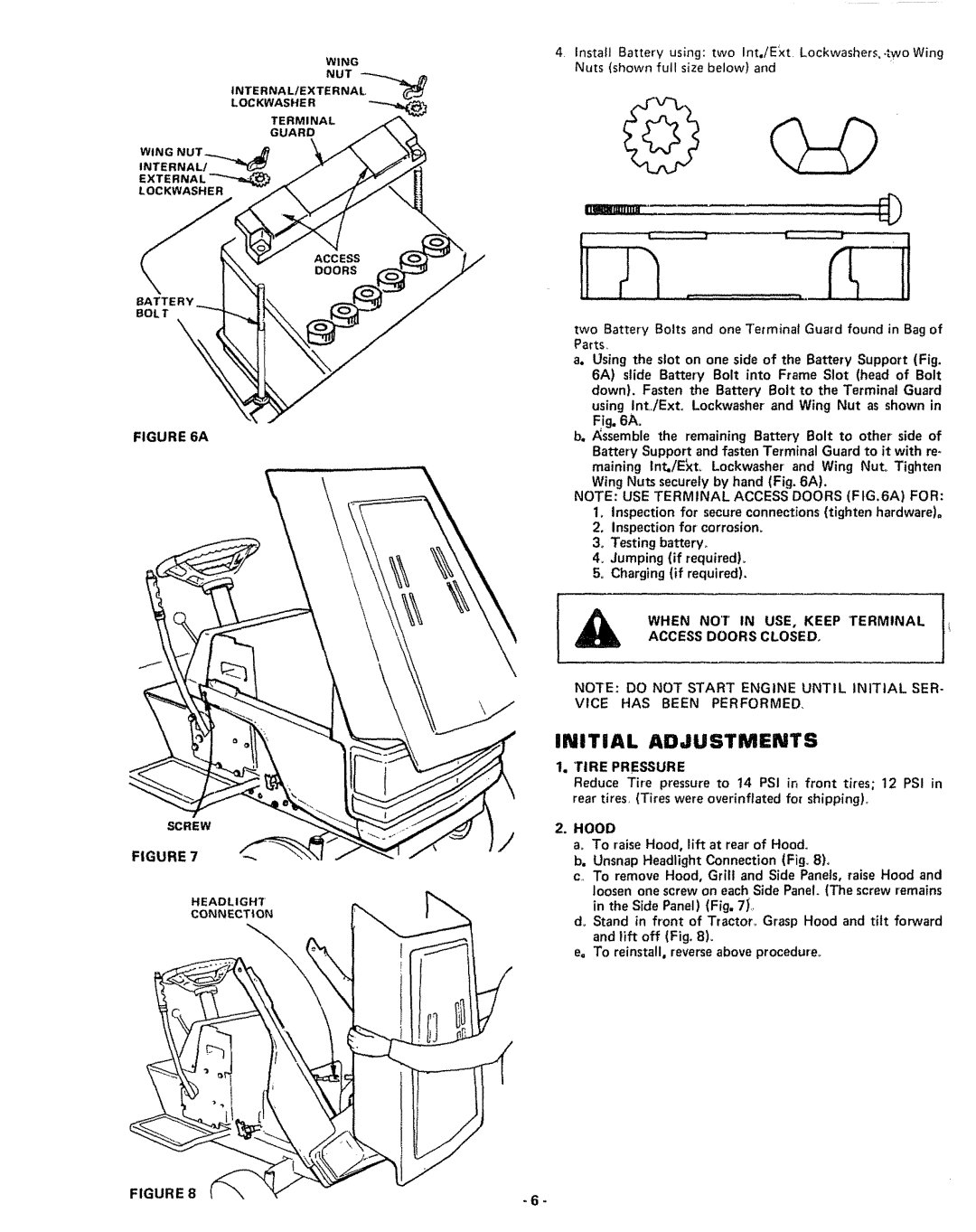 Sears 917.255741 manual Initial Adjustments, Screw, When not in USE, Keep Terminal Access Doors Closed, Tire Pressure, Hood 