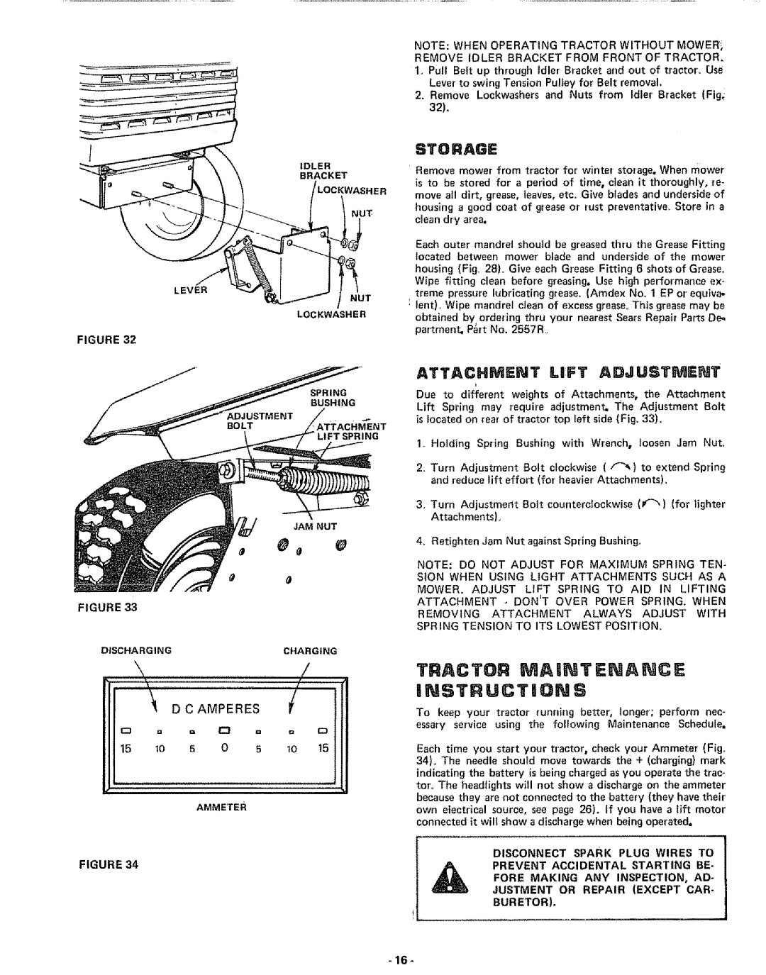 Sears 917.25591 manual Storage, Attachment Loft Adjustment, JAM NUT Dischargingcharging, Amperes 