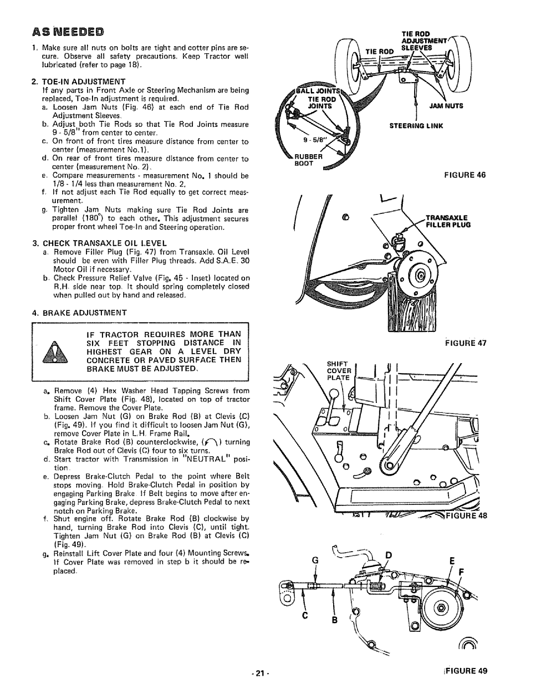 Sears 917.25591 manual Check Transaxle OIL Level, Brake Adjustment, If Tractor Requires More than, Tug 