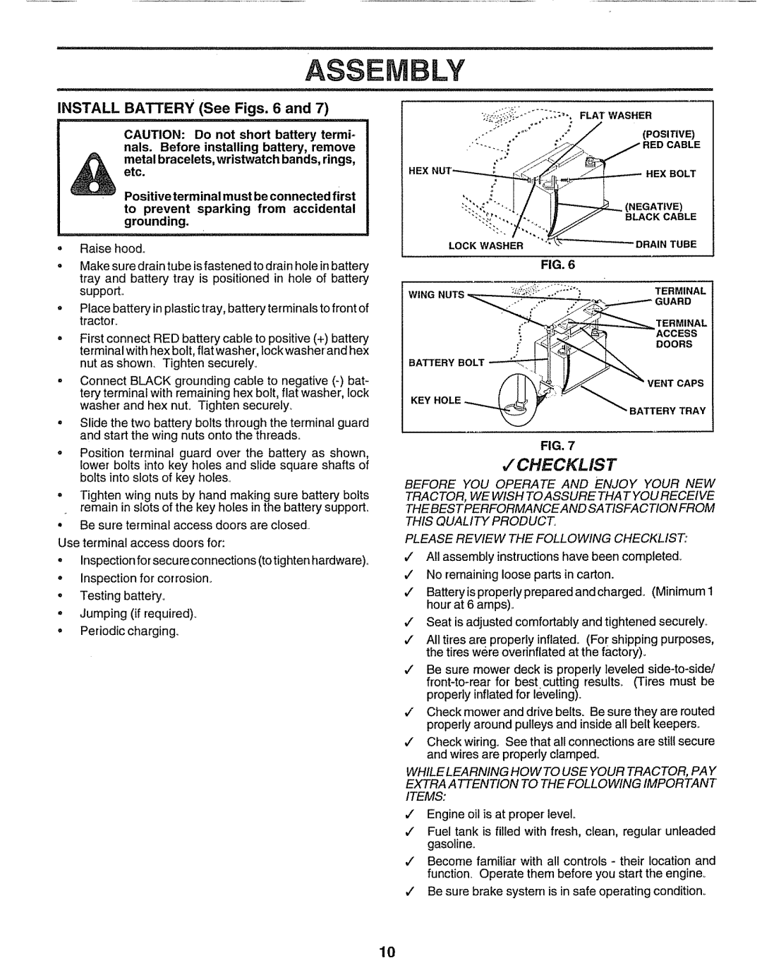 Sears 917.25597 owner manual Checklist, Install Battery See Figs 