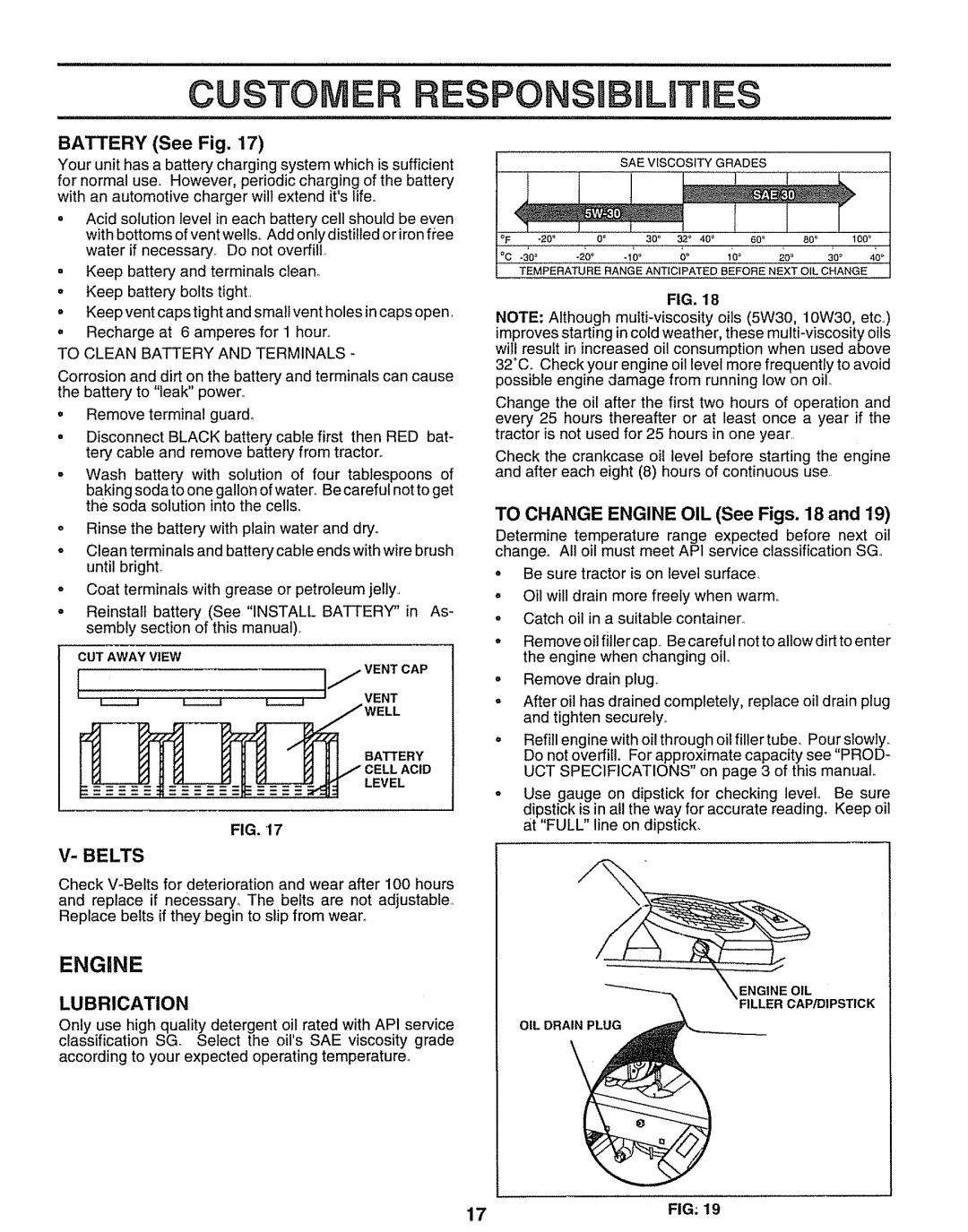 Sears 917.25597 Battery See Fig, Belts, Lubrication, To Change Engine OIL See Figs, To Clean Battery and Terminals 