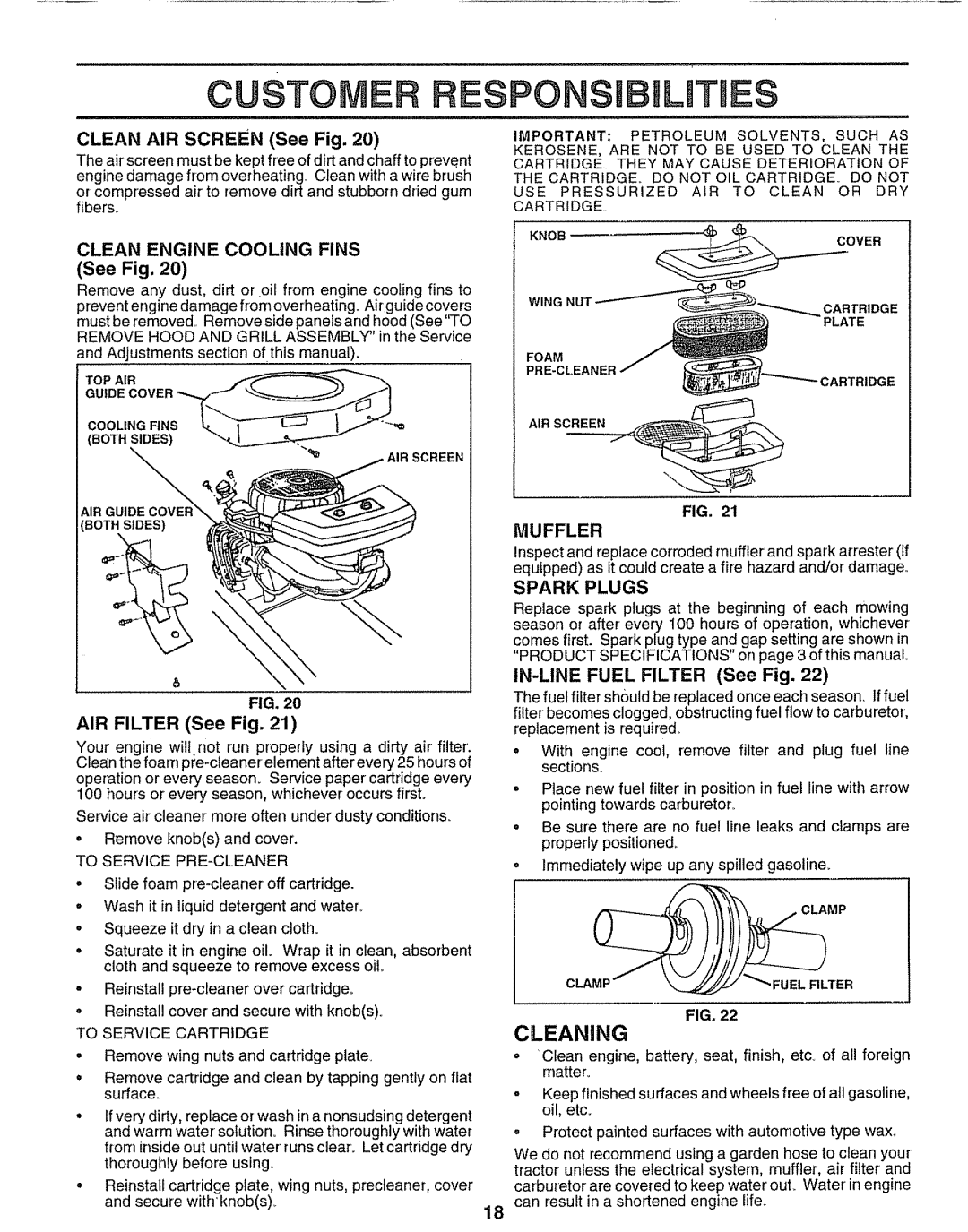 Sears 917.25597 owner manual Cleaning, Clean Engine Cooling Fins, Muffler, Air, Filter See 