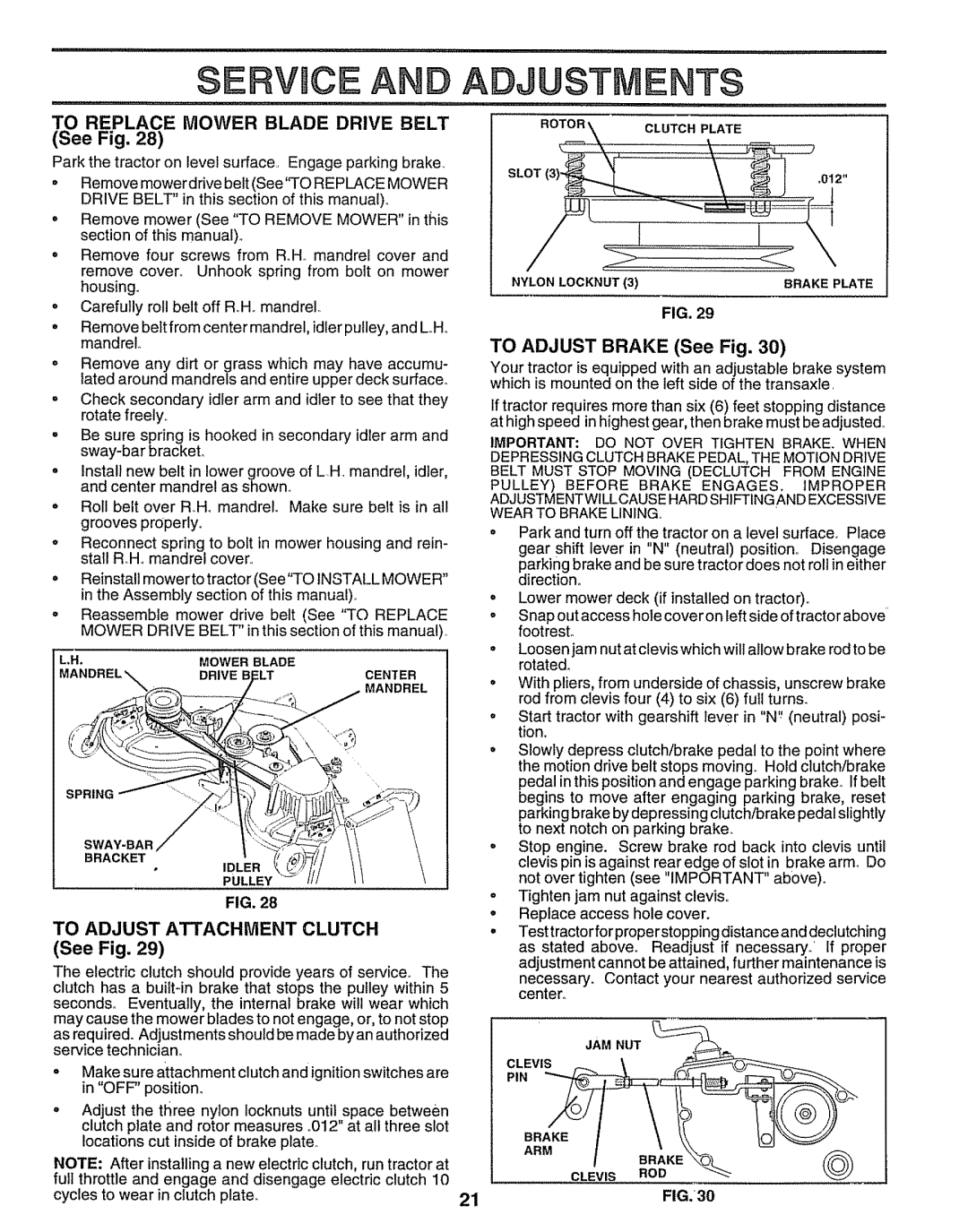 Sears 917.25597 owner manual To Replace Mower Blade Drive Belt, To Adjust Brake See Fig, To Adjust Attachment, Clutch 