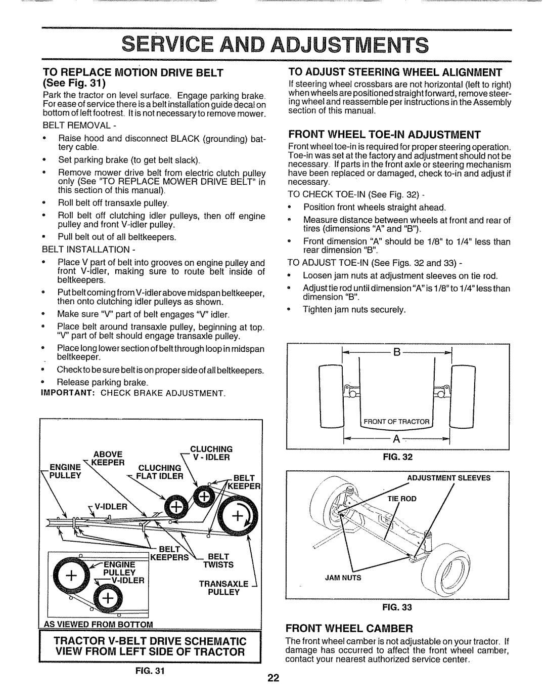 Sears 917.25597 owner manual See Fig, Front Wheel TOE-IN Adjustment, View from Left Side of Tractor 