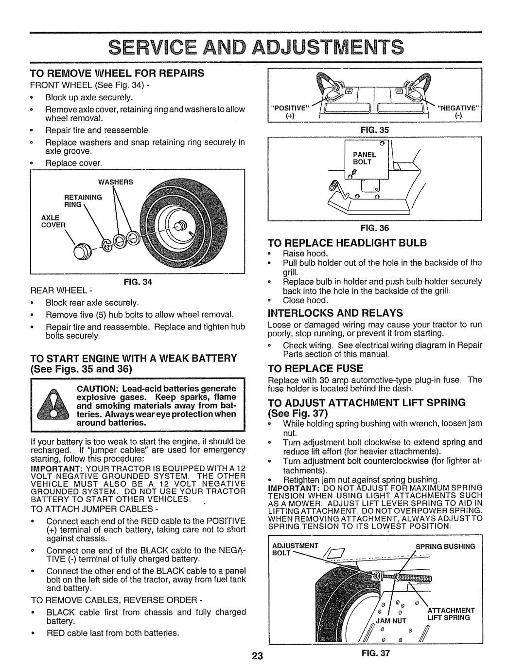 Sears 917.25597 To Start Engine with a Weak Battery, To Replace Headlight Bulb, INTERLOCKS and Relays, To Replace Fuse 