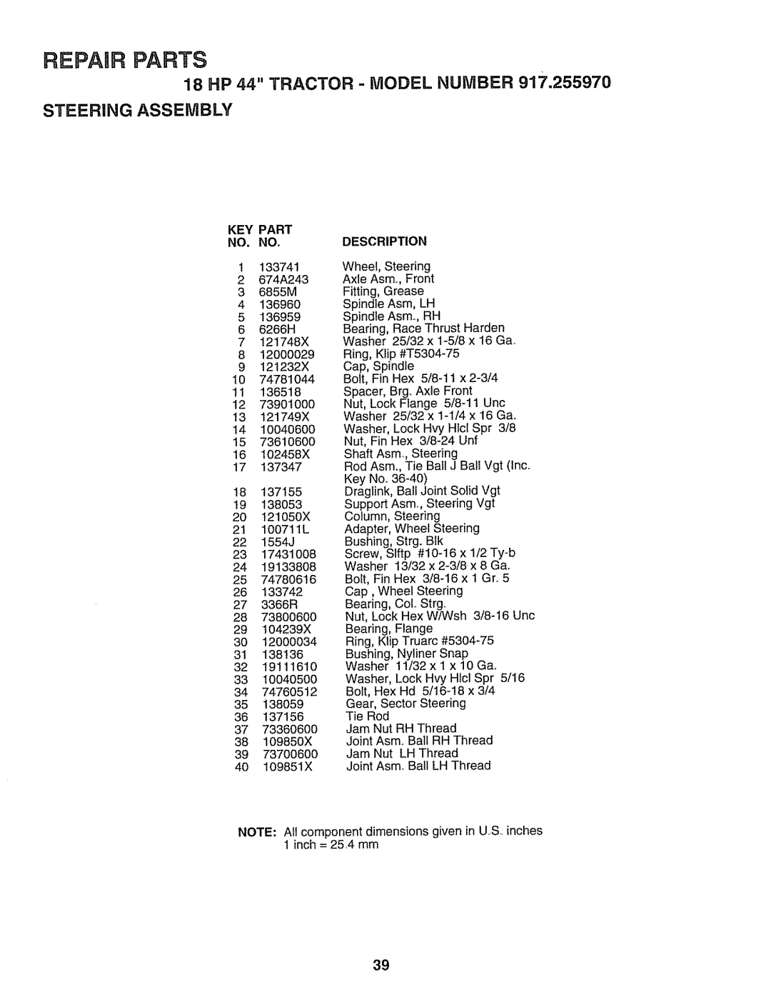 Sears 917.25597 owner manual Steering Assembly 