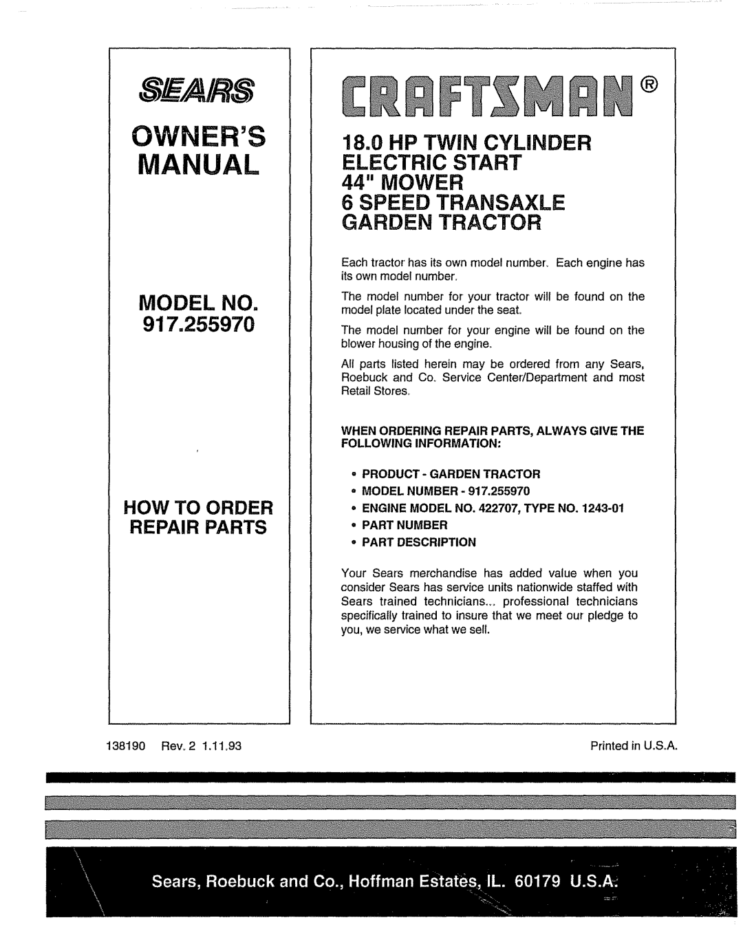 Sears 917.25597 owner manual = Model Number Engine Model no , Type no, Part Number, Part Description 