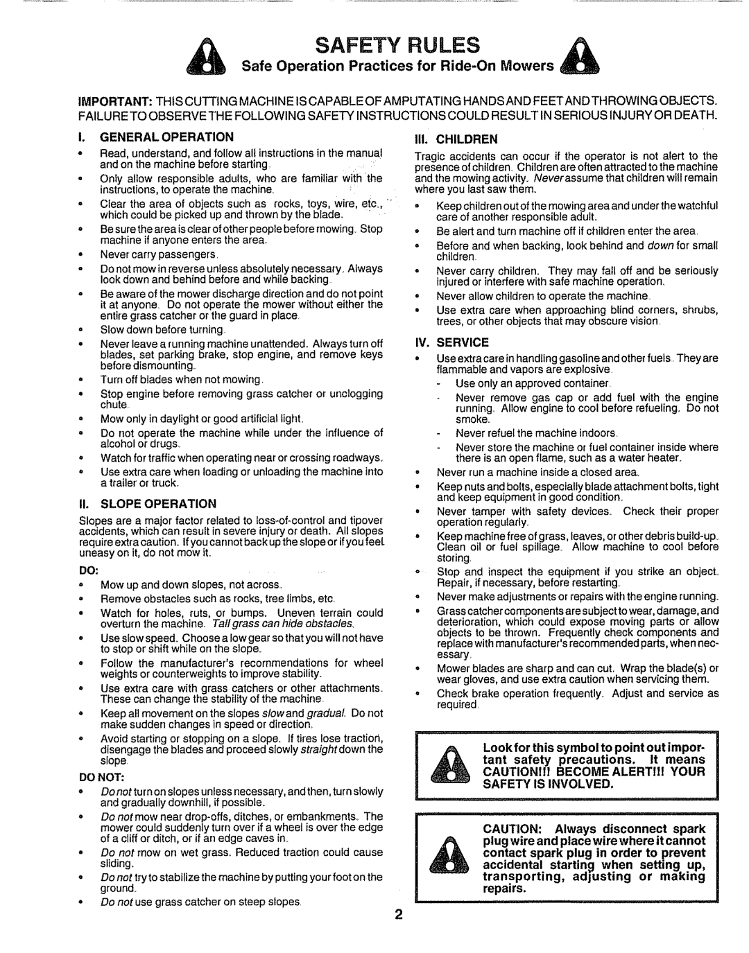 Sears 917.25597 owner manual Safety Rules, Safe Operation Practices for Ride-OnMowers, ill CHILDREN 