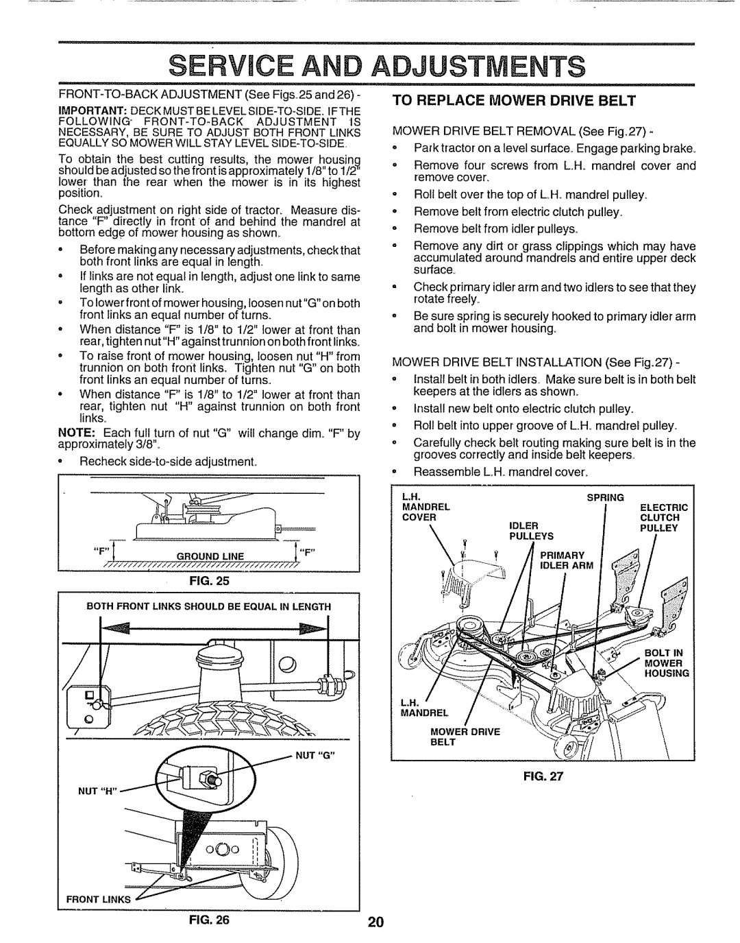 Sears 917.25597 owner manual Ajustments, Service And, To Replace Mower Drive Belt, Fig 