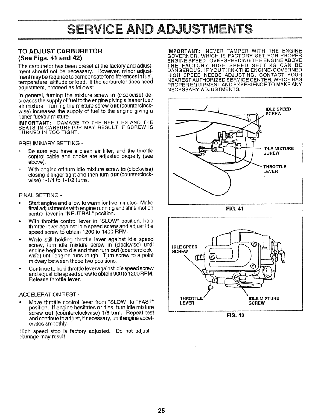 Sears 917.25597 owner manual $Ervrce And Adjustments, TO ADJUST CARBURETOR See Figs. 41 and 
