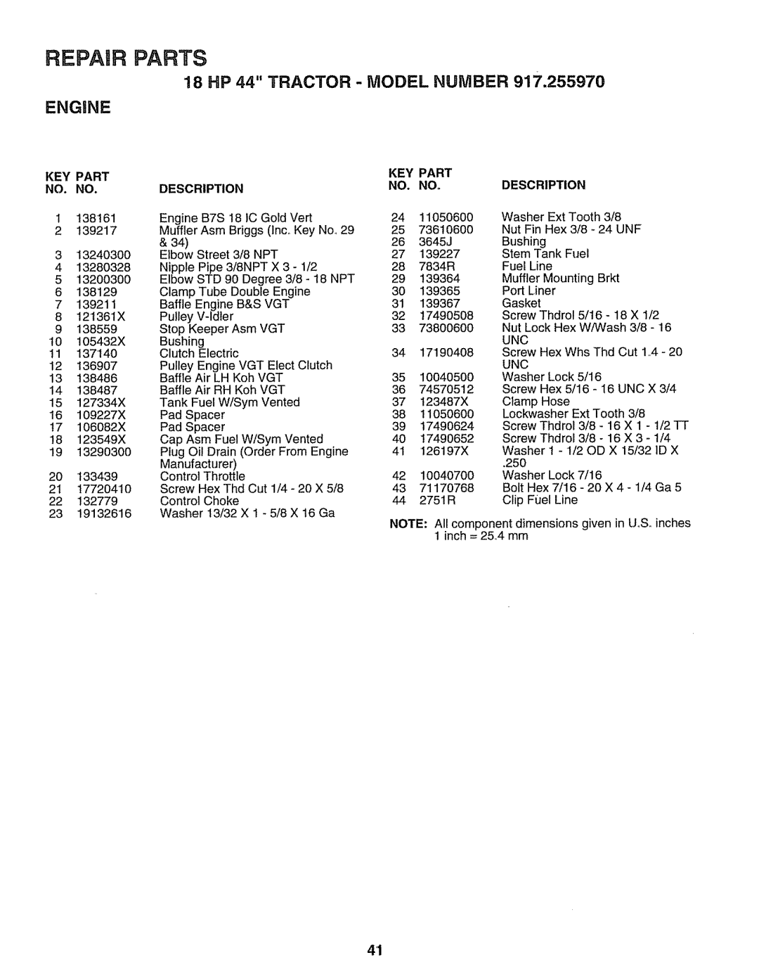 Sears 917.25597 owner manual Repair Parts, 18 HP 44 TRACTOR - MODEL NUMBER ENGINE, Description 