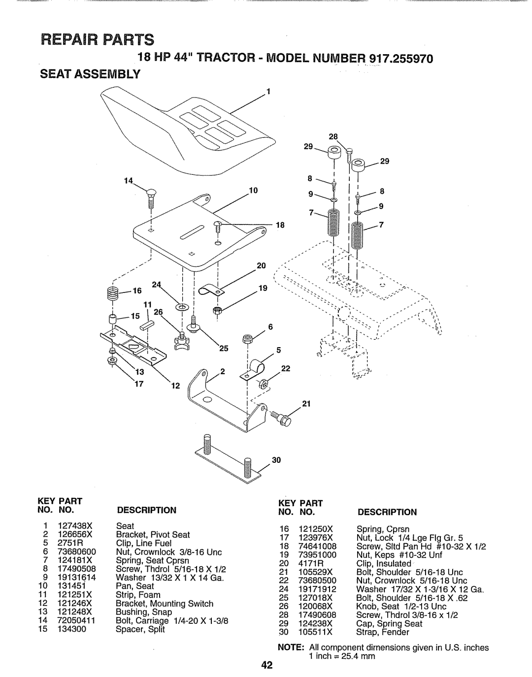 Sears 917.25597 18 HP 44 TRACTOR - MODEL NUMBER SEAT ASSEMBLY, Key Part No. No, Repair Parts, 7124181X, Description 