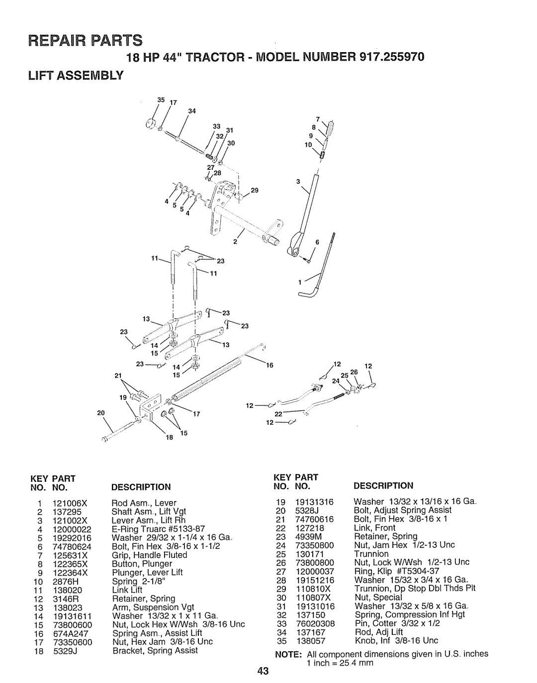 Sears 917.25597 18 HP 44 TRACTOR - MODEL NUMBER LiFT ASSEMBLY, Repair Parts, 9._,?, Key Part, No. No, Description, Lift Rh 