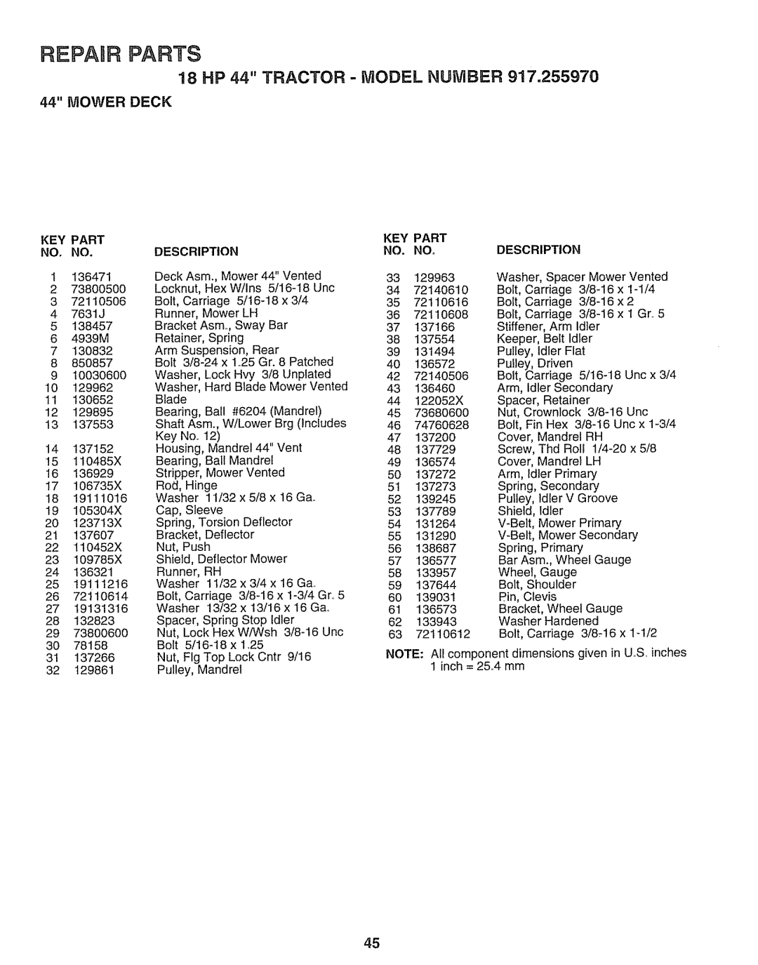 Sears 917.25597 owner manual Reparr Parts, 18 HP 44 TRACTOR - MODEL NUMBER, Key Part, Description, idler 