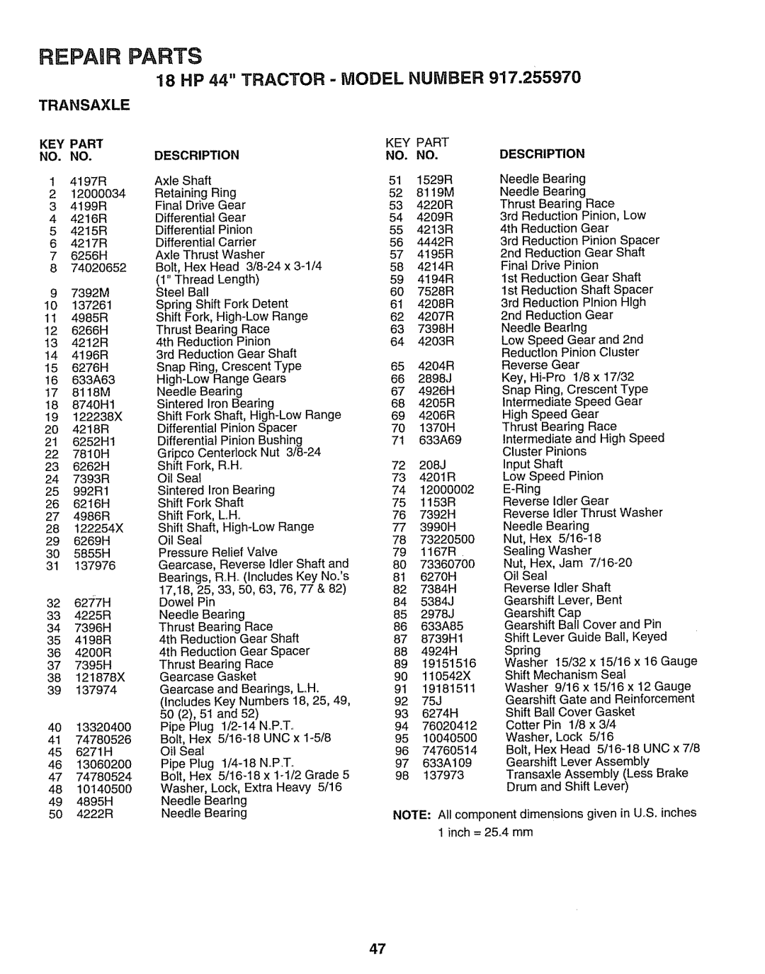 Sears 917.25597 Transaxle, Repair Parts, 18 HP 44 TRACTOR - MODEL NUMBER, Key Part No. No, Description, in U.S. inches 