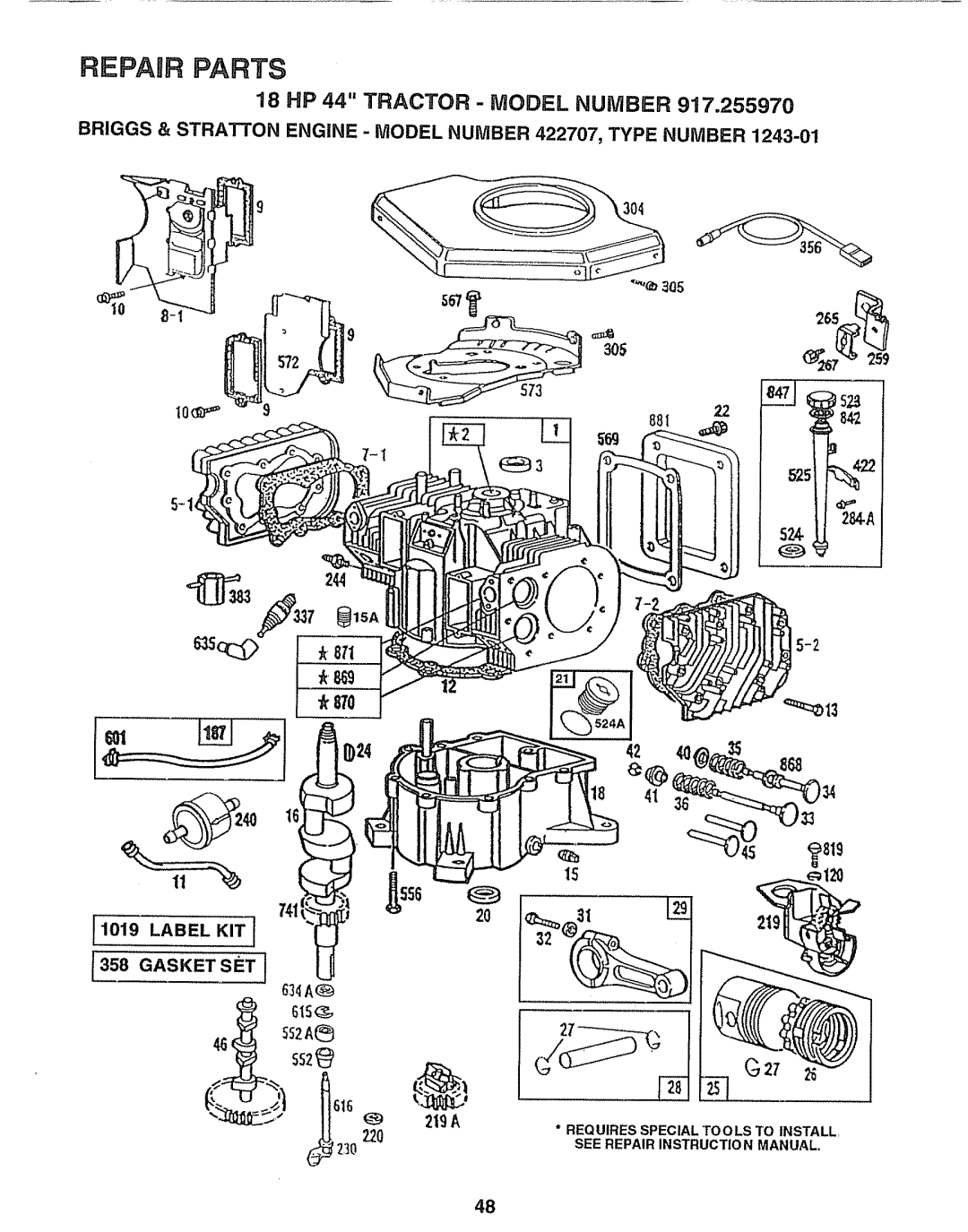 Sears 917.25597 owner manual 2O219, Repair Parts, 18 HP 44 TRACTOR - MODEL NUMBER 