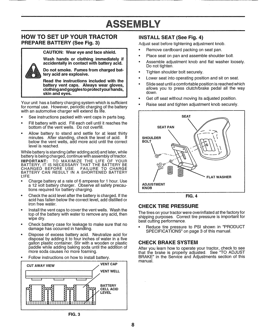 Sears 917.25597 Ass Ly, How To Set Up Your Tractor, PREPARE BATTERY See Fig, INSTALL SEAT See Fig, Check Tire Pressure 