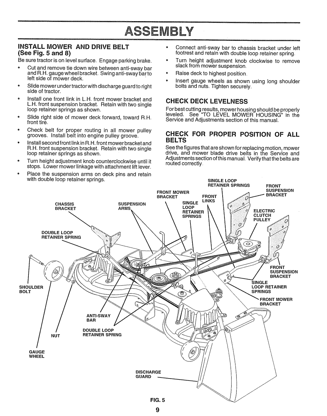 Sears 917.25597 owner manual Assembly, INSTALL MOWER AND DRIVE BELT See and, Check Deck Levelness, Fig 