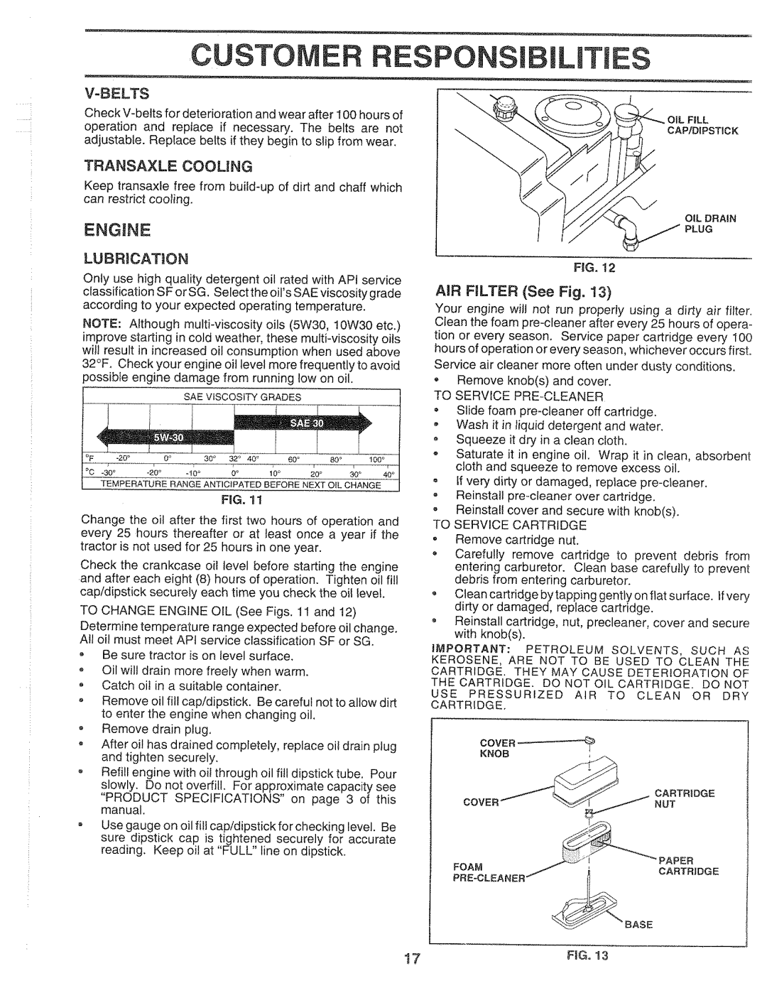 Sears 917.2565 manual Oustome Espons, Engne, Transaxle Cooling, AIR Filter See Fig 