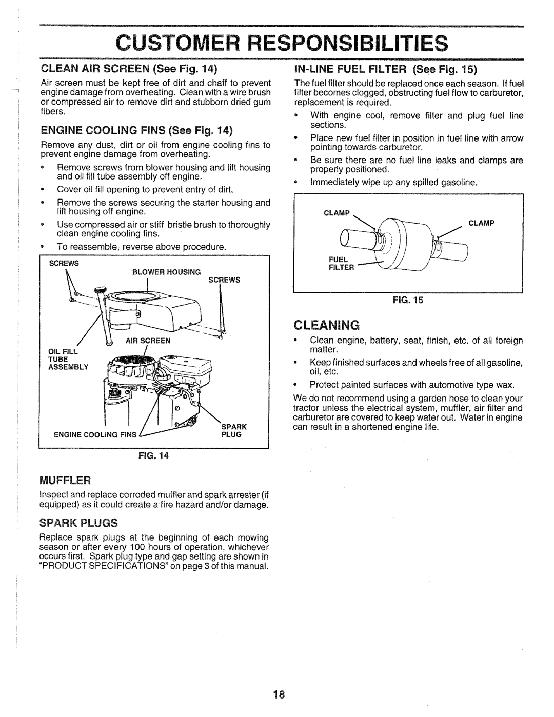 Sears 917.2565 manual Customeiliti, Cleaning, Muffler, Spark Plugs 