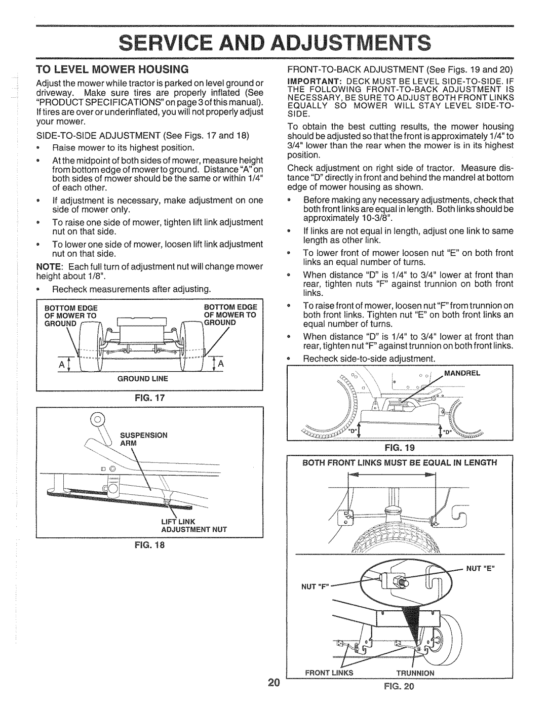 Sears 917.2565 manual Service AN Adjustments, To Level Mower Housing, RG. !7, Both Front LItNKSMUST be Equal in Length 