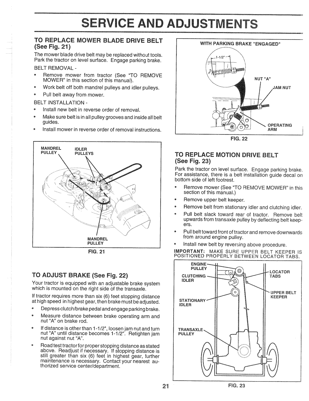 Sears 917.2565 Ervice Adjustments, To Replace Mower Blade Drive Belt See Fig, To Adjust Brake See Fig, Belt Installation 