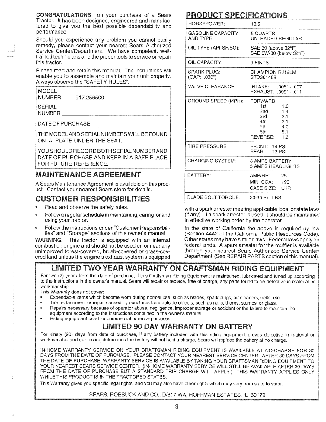 Sears 917.2565 Maintenance Agreement, Customer Responsibimt ES, LBM TED TWO Year Warranty on Craftsman Rmding Equipment 