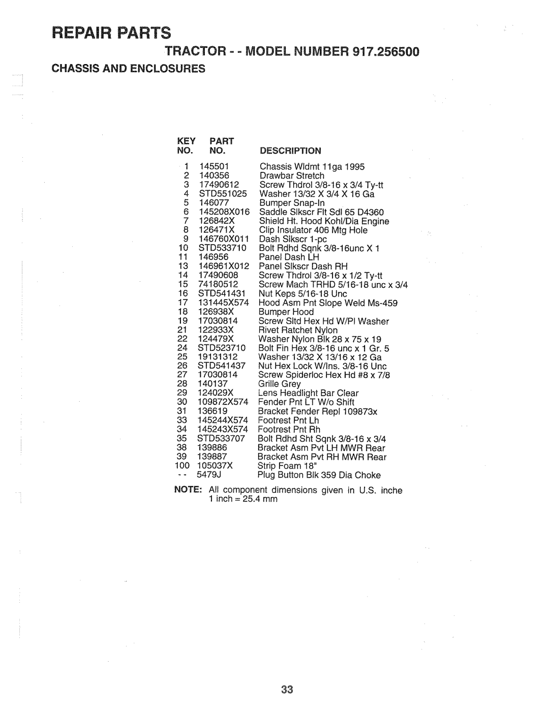 Sears 917.2565 manual Tractor = Model Number, KEY Part Description 