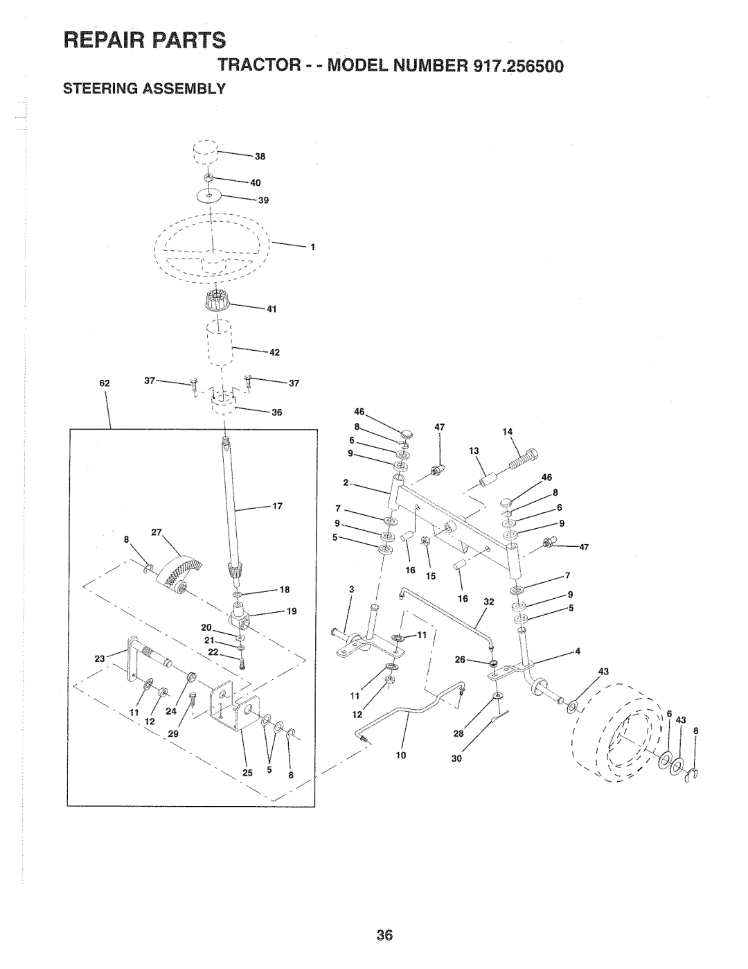 Sears 917.2565 manual Tractor - Model Number, Steering Assembly 