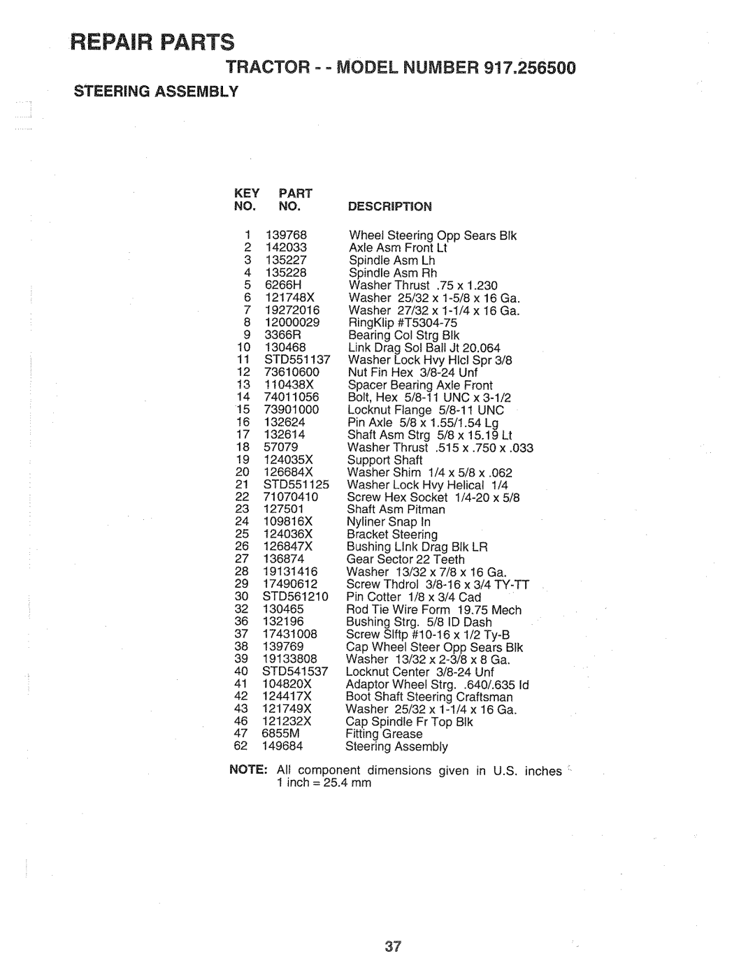 Sears 917.2565 manual Steering Assembly, NO. no, Descrbpton, Fitting Grease 