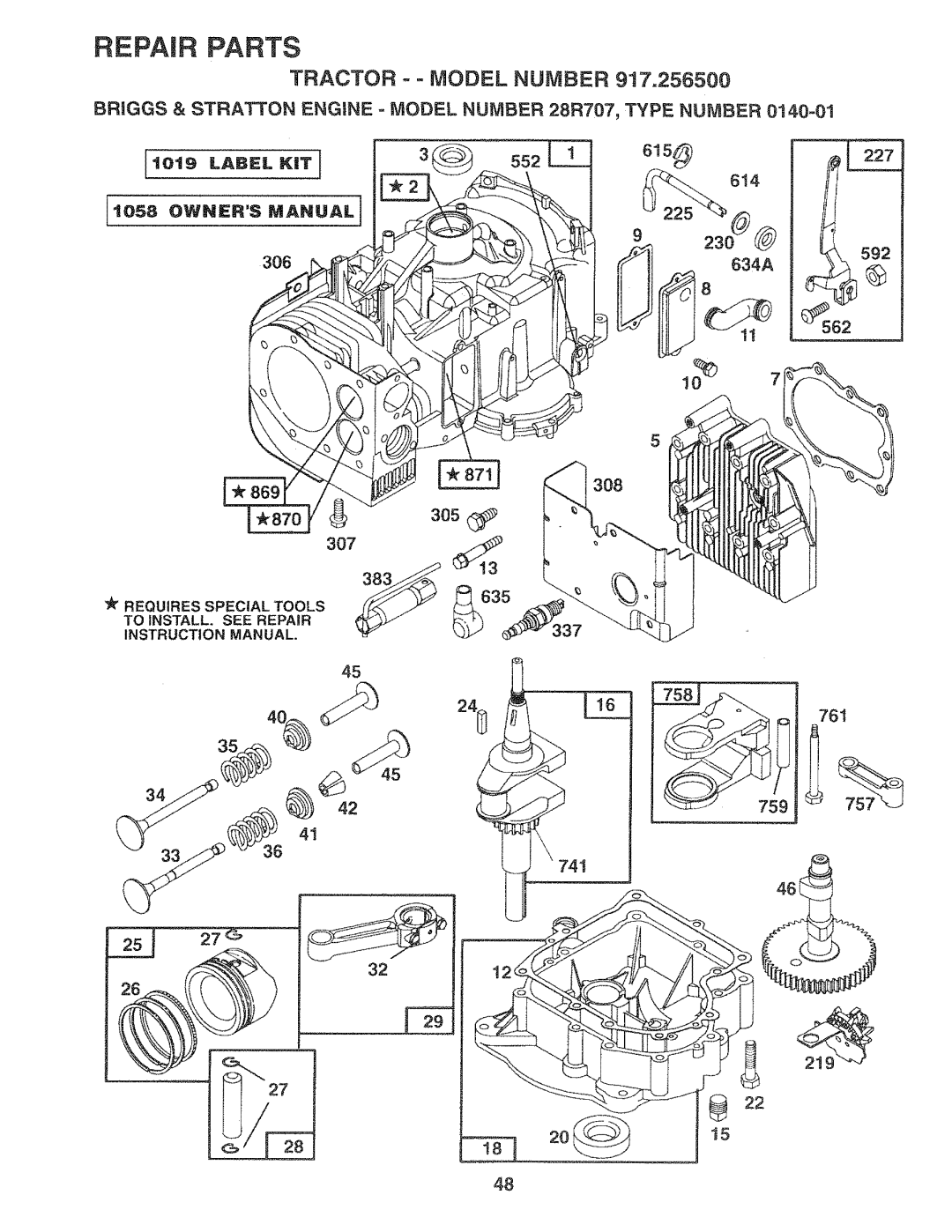 Sears 917.2565 manual Briggs & Stratton Engine Model Number 28R707 Type Number, 634A 3O8, 306 