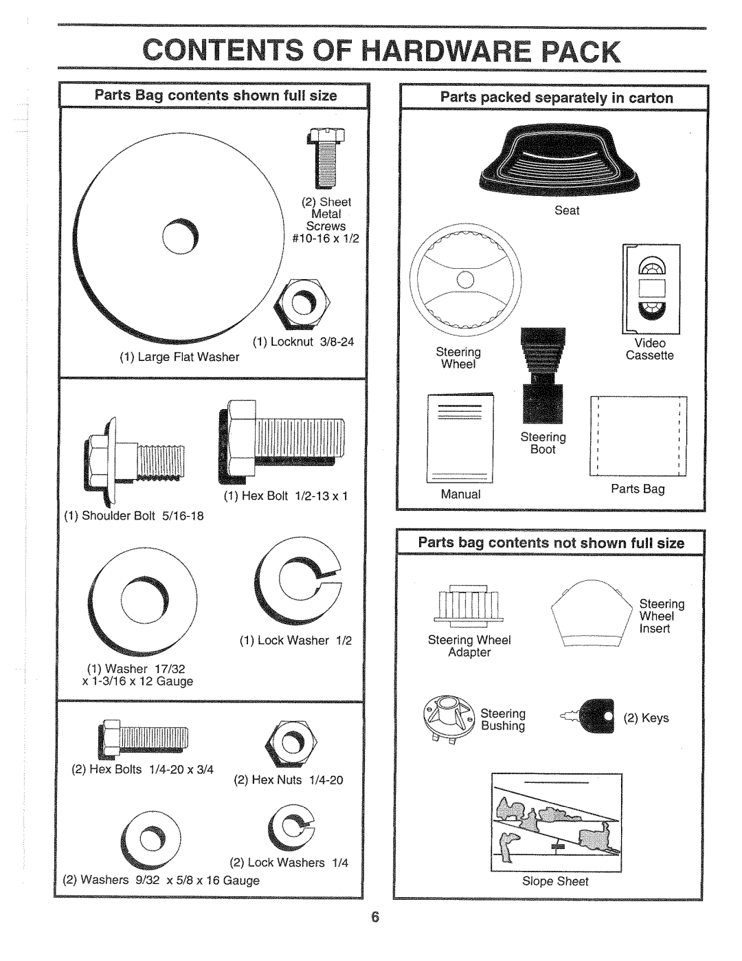 Sears 917.2565 manual Conte TS of HA Pack, Parts Bag contents shown full size 