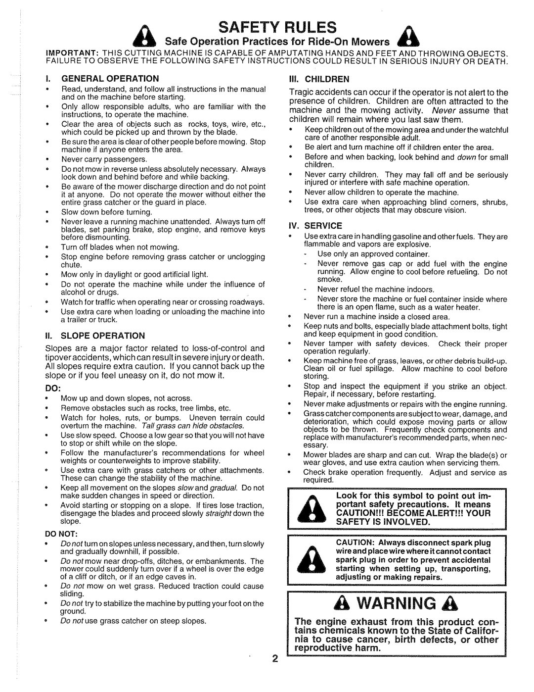 Sears 917.2565 A Warning, Safety Rules, Safe Operation Practices for Ride-OnMowers, IlL CHILDREN, The engine, reproductive 