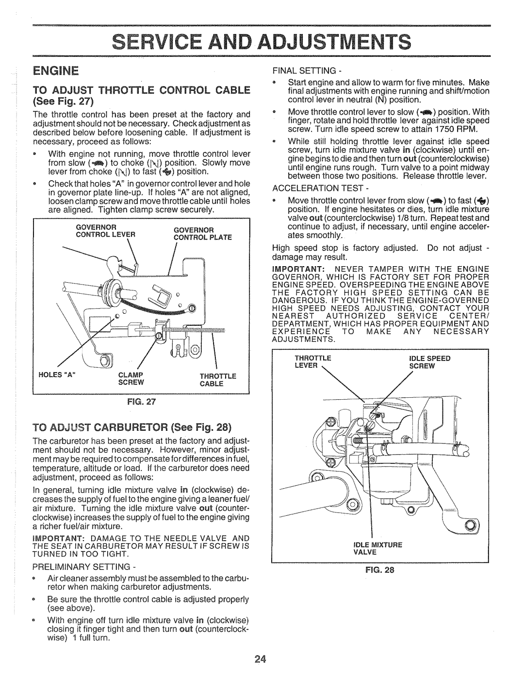 Sears 917.2565 Service A, Ajustments, Engine, To Adjust Throttle Control Cable, TO ADJUST CARBURETOR See Fig, Screw 
