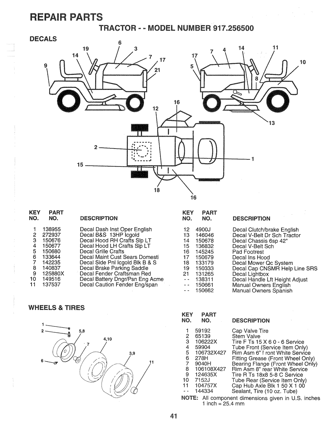Sears 917.2565 manual TRACTOR- = MODEL NUIVlBER, Decals, Wheels & Tires, Repair Parts, Key Part, Description, DESCRiPTiON 