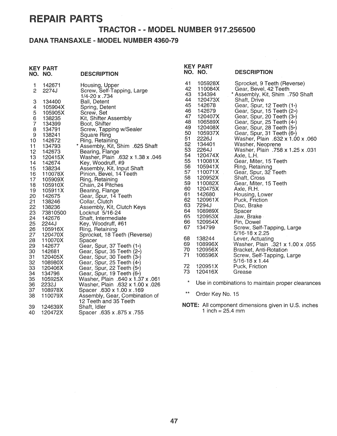 Sears 917.2565 manual Dana Transaxle = Model Number, Key Part No. No, 635 x .875, Repair Parts, Tractor == Model Number 