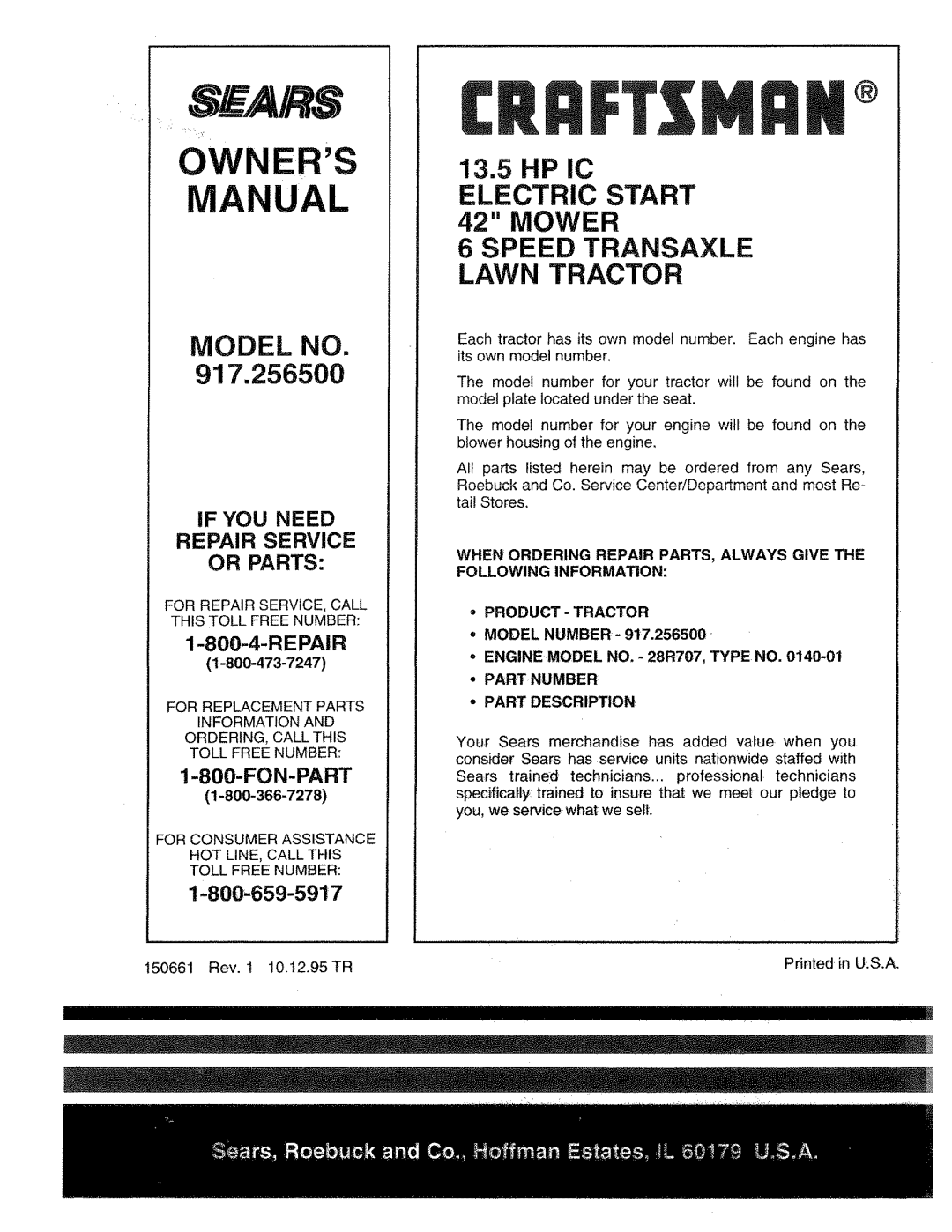 Sears 917.2565 Owners Manual, Model No, 13.5HP IC ELECTRIC START 42 MOWER, Speed Transaxle Lawn Tractor, Repair, Fon-Part 