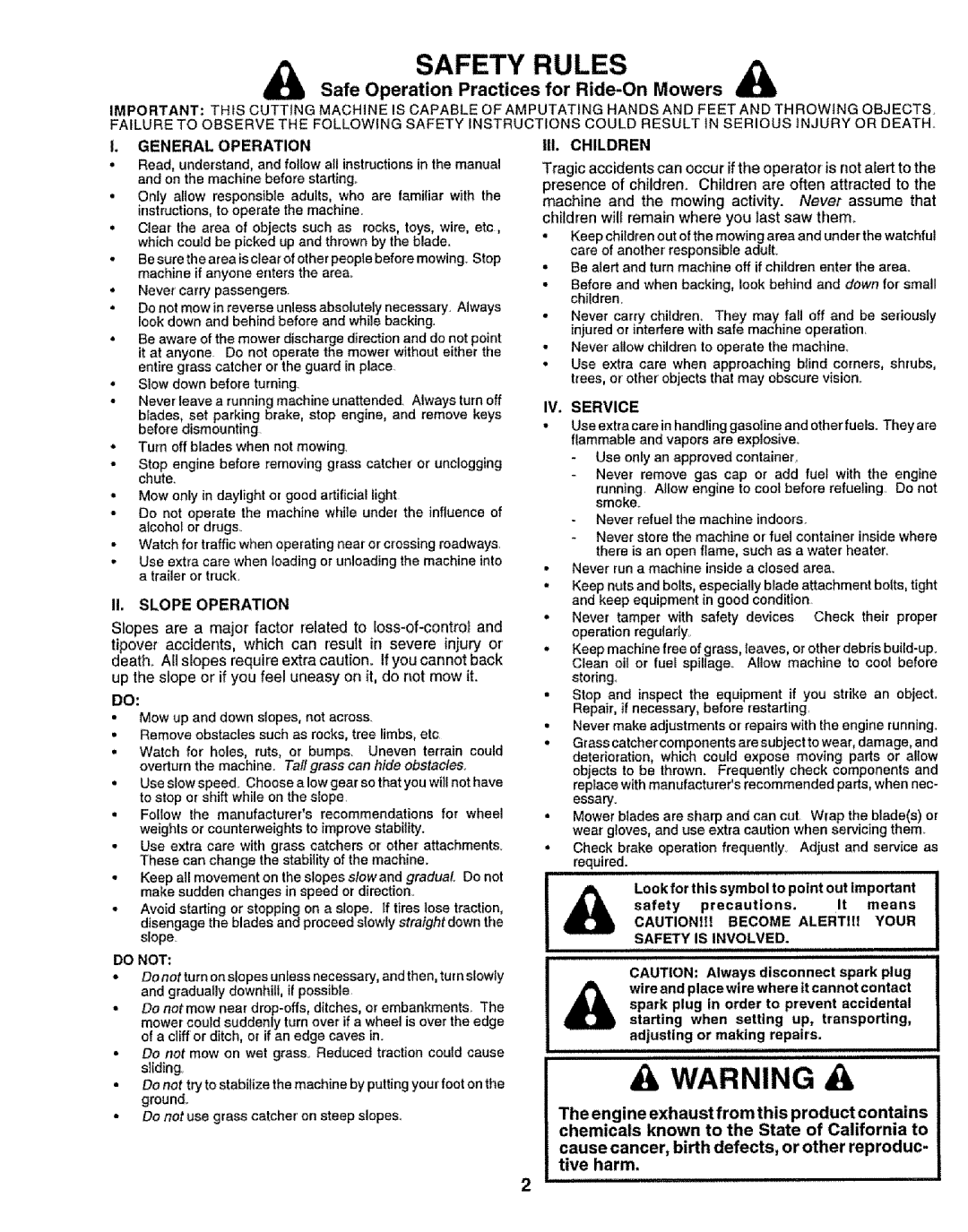 Sears 917.256543 manual Safety Rules, Lb Safe Operation Practices for Ride-On Mowers 