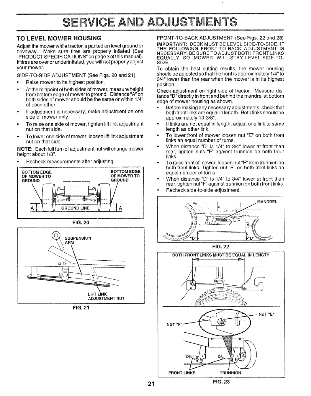 Sears 917.256543 manual Service AN Adjustments, To Level Mower Housing 