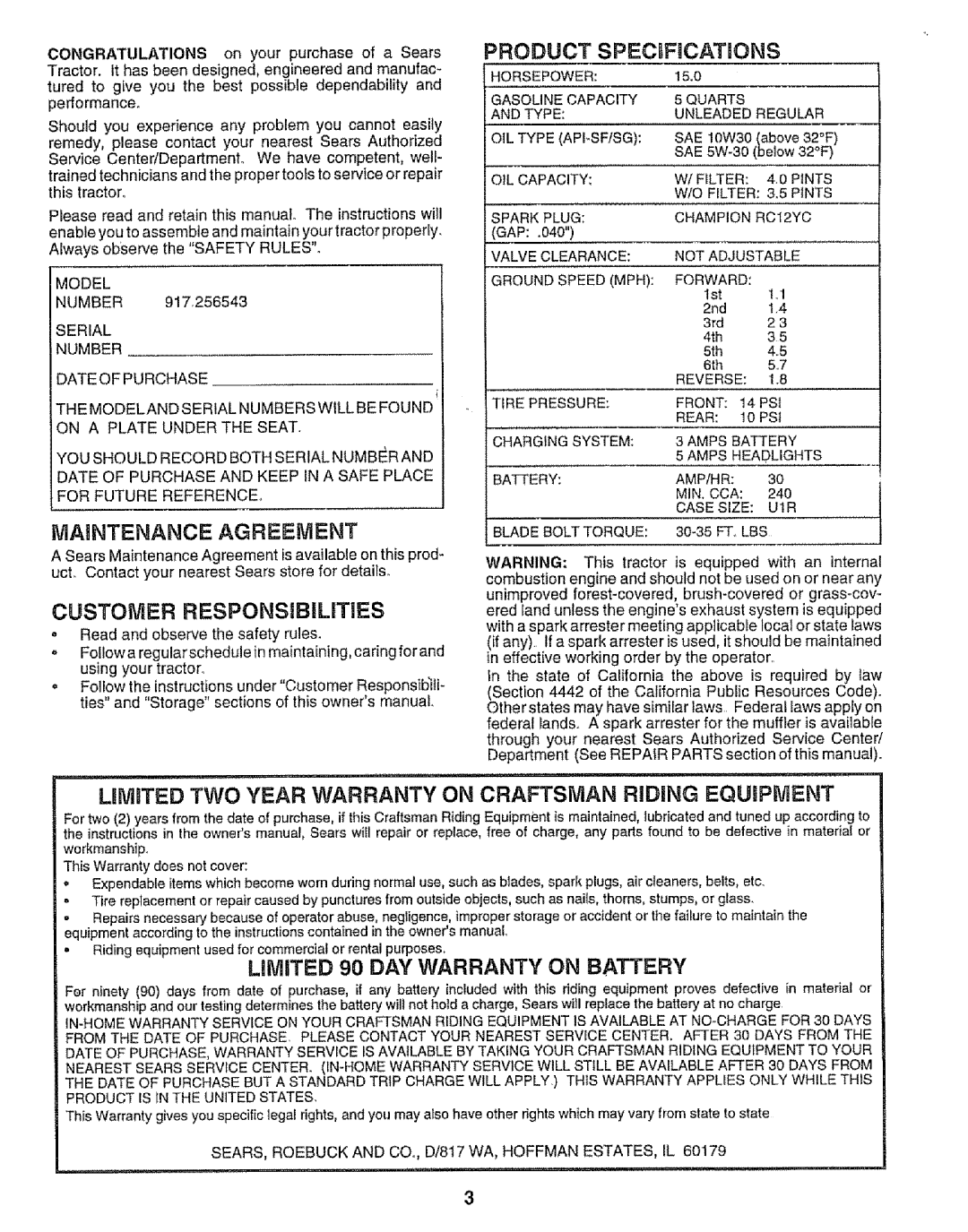 Sears 917.256543 manual Maintenance Agreement, Model, Serial Number Date of Purchase 