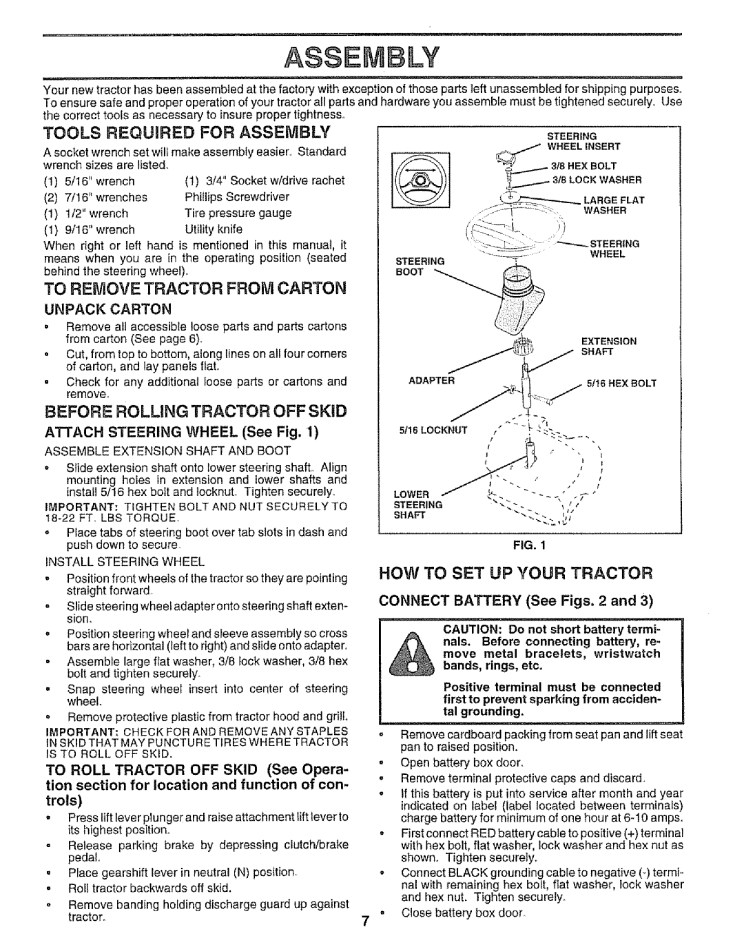 Sears 917.256543 To Remove Tractor from Carton, Before Rolling Tractor OFF Skid, Unpack Carton, Connect Battery See Figs 