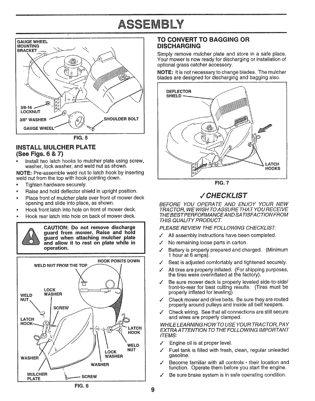 Sears 917.256543 manual Checklist, Install IVlULCHER Plate See Figs, To Convert to Bagging or Discharging, Weldnutfromtho 