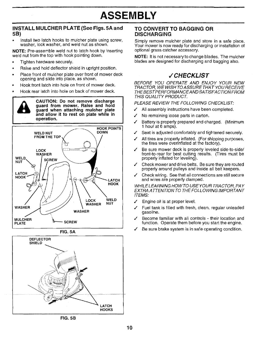 Sears 917.2566 owner manual Install Mulcher Plate See Figs a, Discharging 