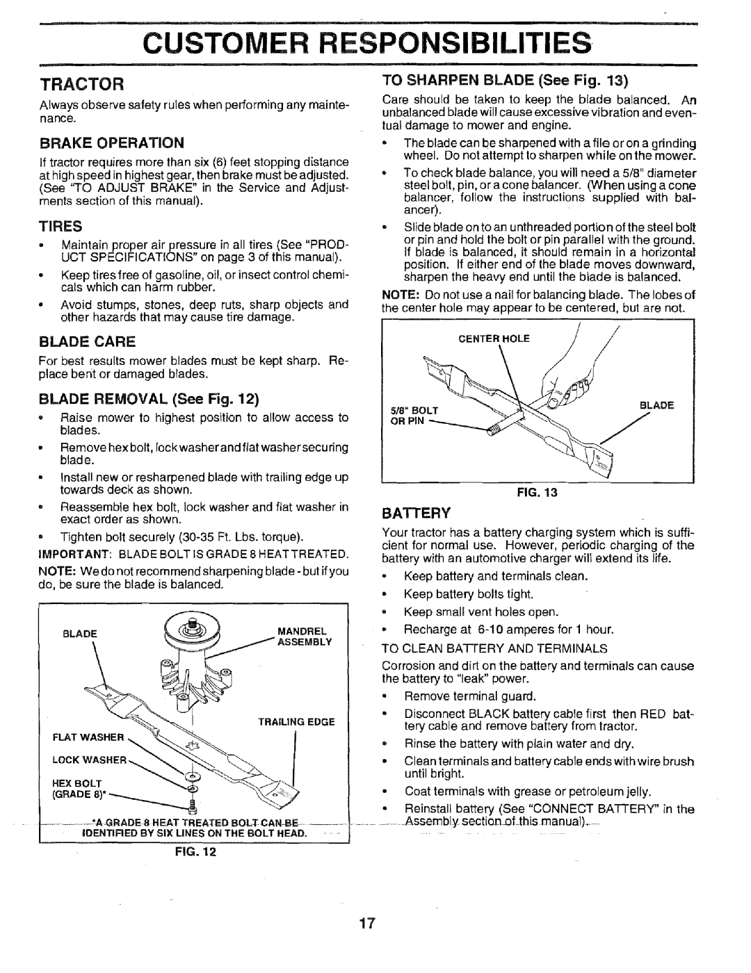 Sears 917.2566 owner manual Tractor, Blade Care, To Sharpen Blade See Fig, Blade Removal See Fig, Battery 