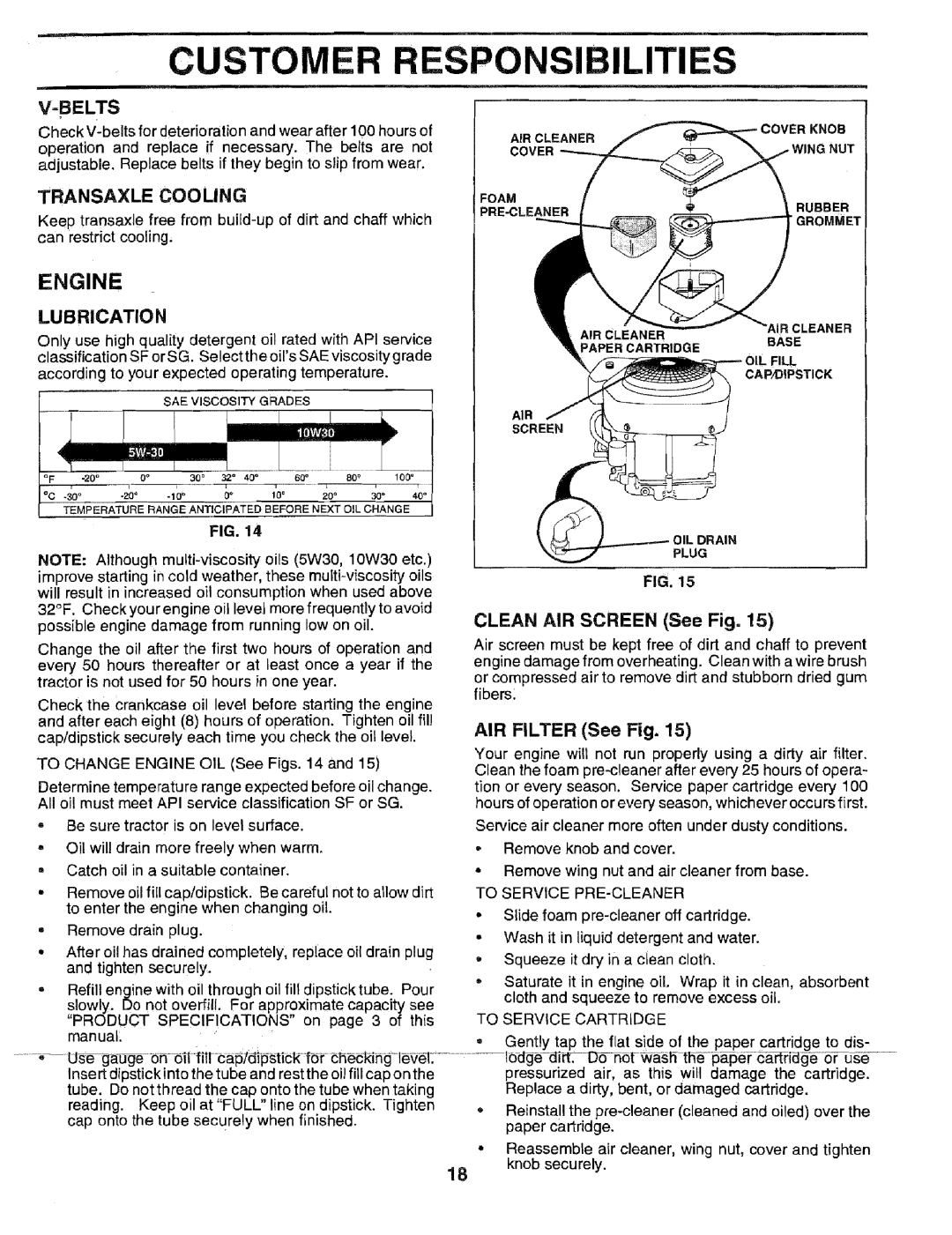 Sears 917.2566 owner manual Engine, Transaxle Cooling, Belts, Lubrication, Clean AIR Screen See Fig 